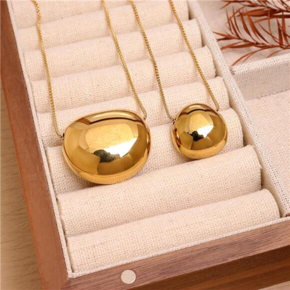 Chunky Elliptical Pendant Necklace Set – Adjustable Stainless Steel Chain - Picture 4 of 6